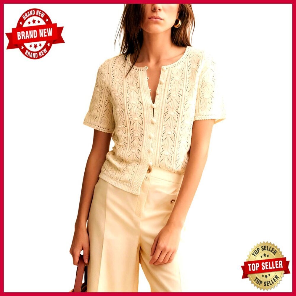 Lightweight Cotton Crochet Cardigan Short Sleeve Button Down Summer Top